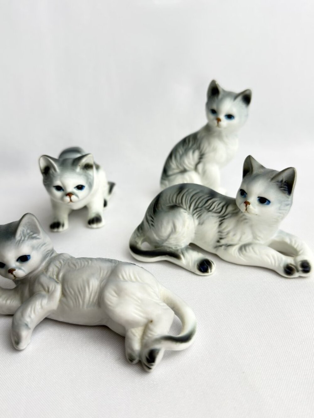 Miniature Grey & White Kitty Figurines Vintage Curious Cats 4” Long Set of 4